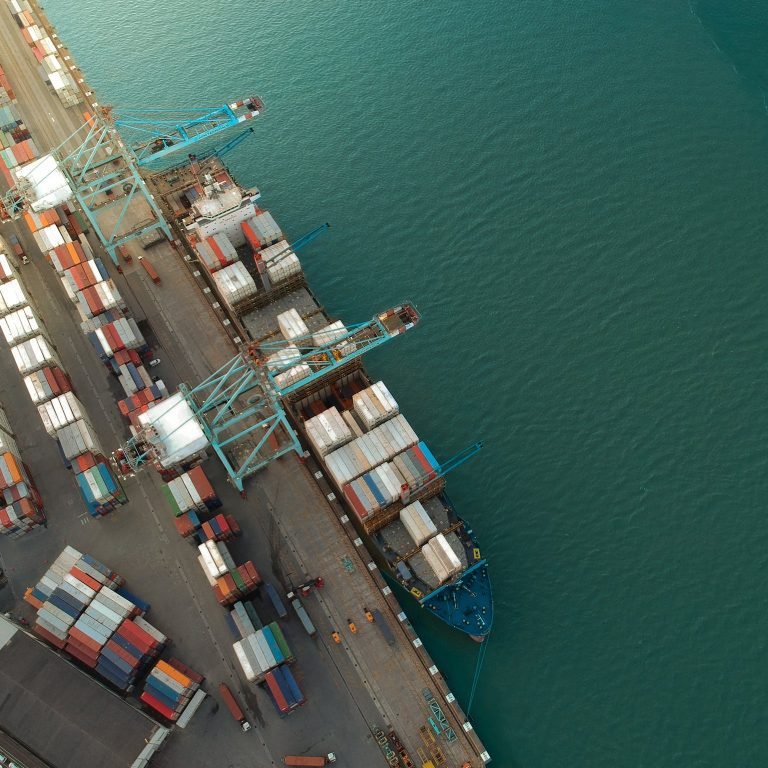 top view of harbor with containers and