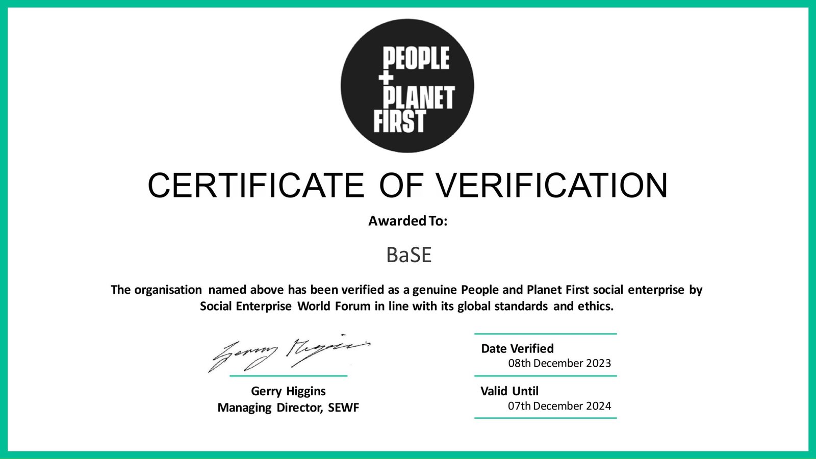 BaSE Continues its Commitment to Social Impact with Renewed SEWF Verification! 🤝🏼🌍 1 SEWF Certificate BaSE