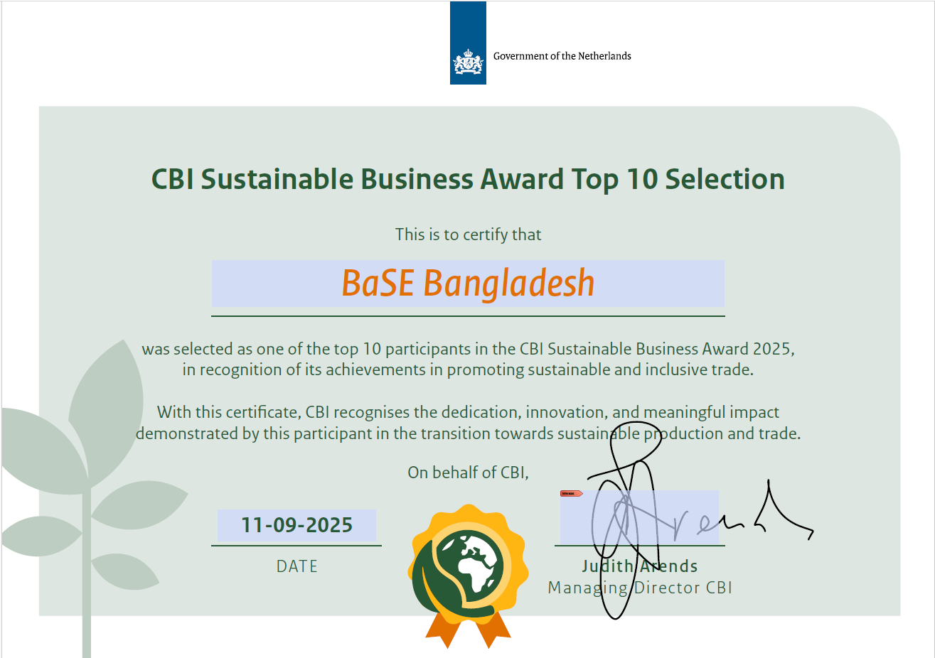 BaSE Selected Among Top 10 Awardees of the CBI Sustainable Business Award 2025